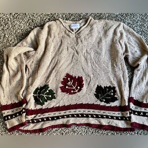 Parisian Works Beige V-Neck Sweater with Leaf Pattern